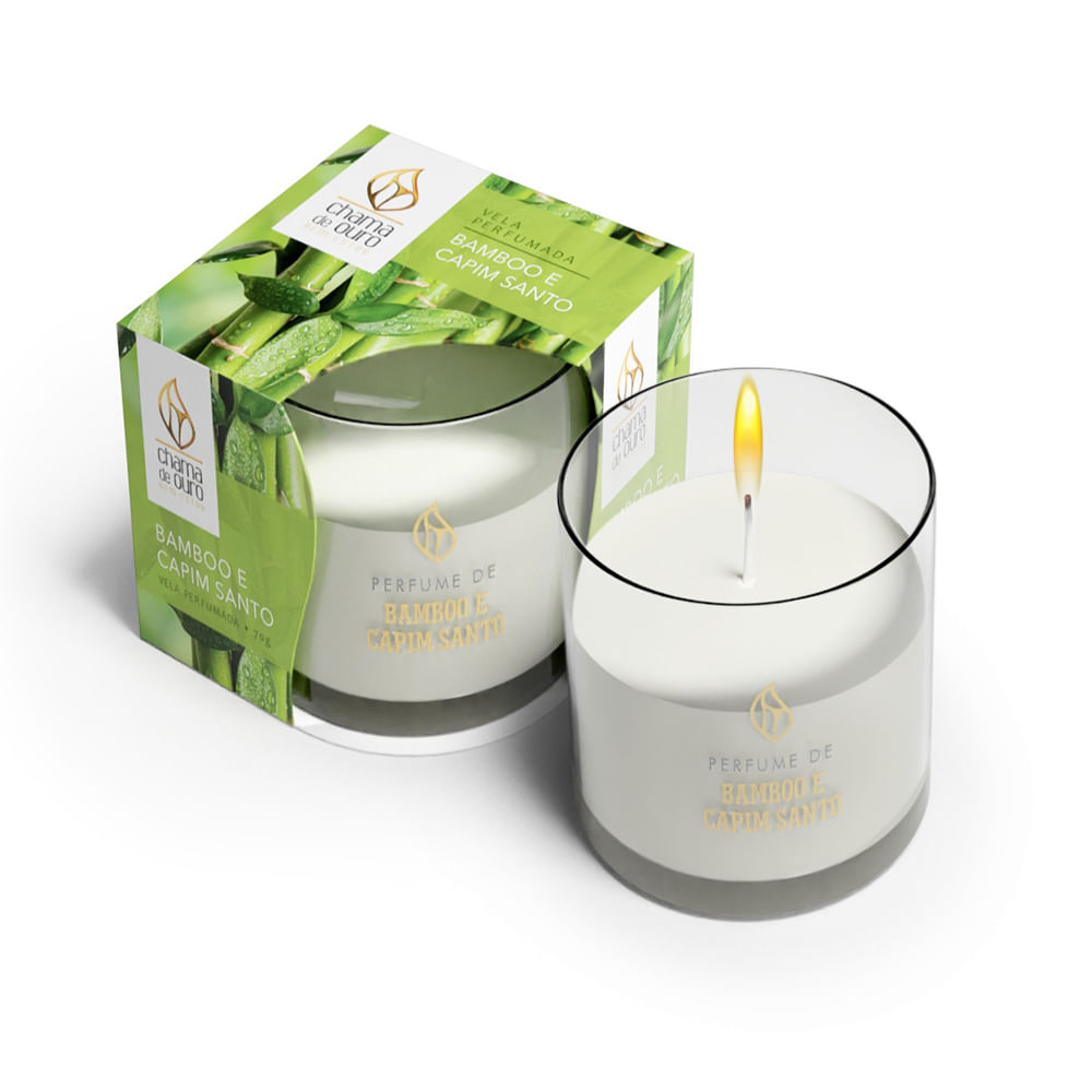 Vela perfumada Bamboo e Capim Santo 70g Chama de Ouro com embalagem